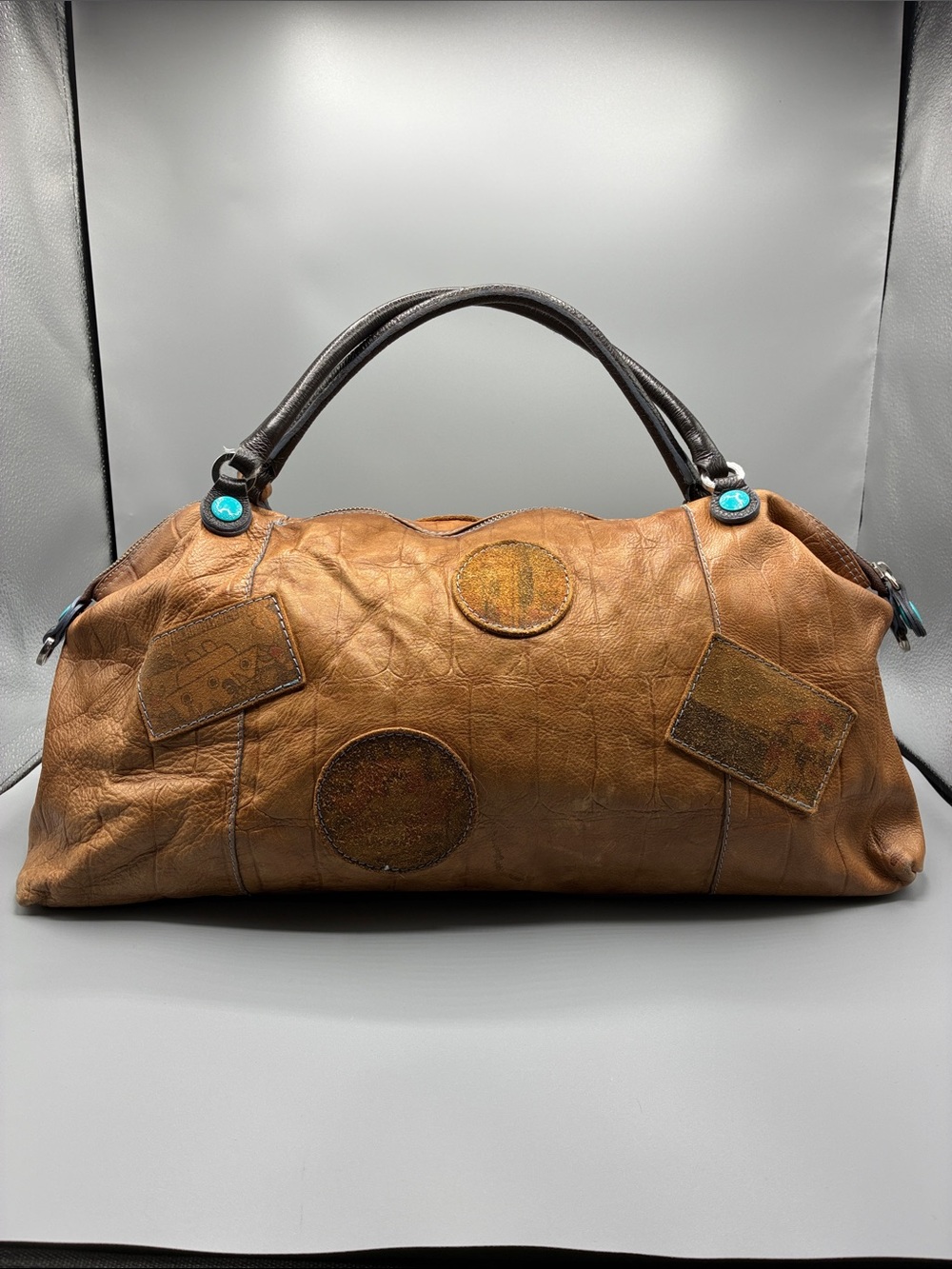 GABS ITALY Vintage-Inspired Tan Leather Shoulder Bag with Turquoise Accents